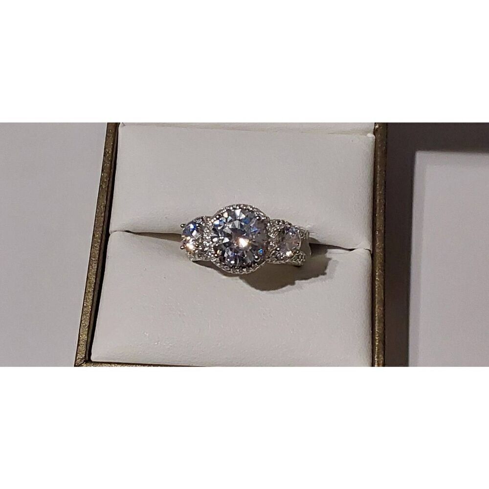 Gorgeous 9.4 Ct. Genuine Diamond Simulant Three Stone Halo Pave Wedding Ring #8